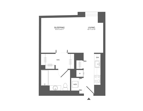 Floor plan for studio, 1 bath, 536 sqft